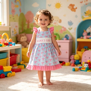 Vestido sin mangas para niña, modelo GSD2980, azul, con estampado de lazos rosas y la inscripción 'MAMA'S GIRL', largo hasta la rodilla, para verano, venta al por mayor. - Product Image 1