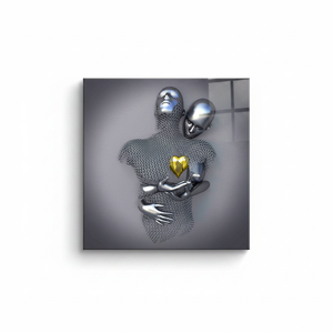 Modern Glass Wall Art: Silver Hugging Couple, Gold Heart Printed Canvas,<b>WRAPPED</b> CANVAS - Product Image 2