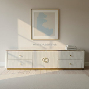 Nouveauté Meuble <span class=keywords><strong>TV</strong></span> moderne avec base en acier doré, cadre en bois blanc et plateau en pierre frittée pour salon, atelier - Product Image 1