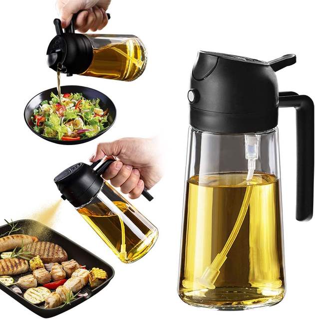 Popular High Quality Best Seller Custom Logo 470ml 2 in 1 Glass Oil Sprayer Dispenser Bottle for Daily Kitchen Cooking Use