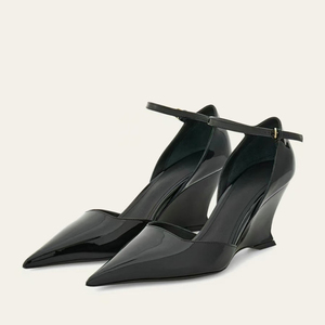 Sandalias de tacón alto con cuña y punta en pico para mujer, con logotipo personalizado, de charol, sexys, con tiras al tobillo, para verano - Product Image 3