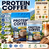 Poudre de café protéiné à la vanille en marque blanche OEM, 20g de protéines, riche en protéines, faible en glucides, énergie et concentration, café instantané sans sucre ajouté