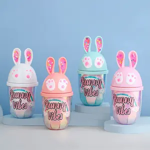 Cute rabbit shape 380ml leakproof double wall juice drinking cold mug bpa free reusable plastic ice cream tumbler cup with straw