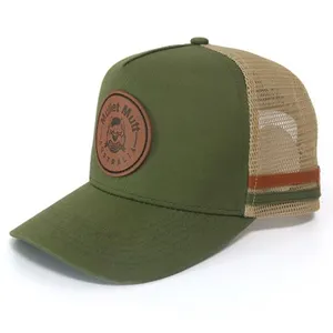 Customize 5 Panel Army Green Cotton Trucker Caps Custom Leather Patch With 2 Side Stripe Trucker Hats