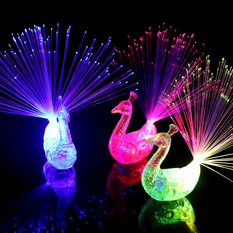Peacock Design 4 Color Pack Led Light Up Toy Lamp Fiber Finger Light Colorful Led Light Up Rings Party Gadgets Toys For Children