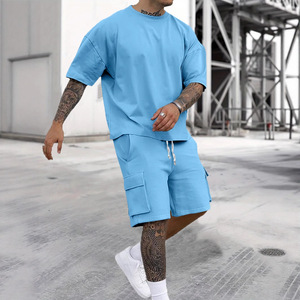 Ensemble de sport décontracté pour <span class=keywords><strong>homme</strong></span>, mode estivale transfrontalière, short à manches courtes, confortable, séchage rapide, couleur unie, deux pièces - Product Image 3