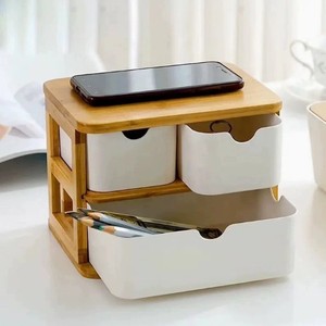 Bamboo Fiber <b>Storage</b> Rack 2 Tier <b>Drawer</b> Organizer Desktop Cosmetic <b>Storage</b> Box Rectangle Standing Type Neatening <b>Storage</b> - Product Image 2
