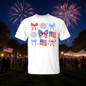 Camiseta para niñas Coquette con diseño de fuegos artificiales de la bandera de EE. UU., patriótica, para el 4 de julio - Product Image 3