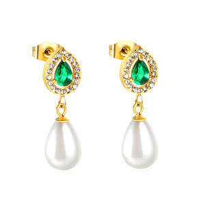 Pendientes de Moda con Imitación de Perla y Esmeralda en Forma de Lágrima, Chapados en Oro, Joyería para Fiestas, Accesorios para Mujer - Product Image 2