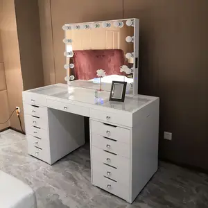 Stock in US! Docarelife Vanity Table MDF Wood With High Glossy White Painting And Clear Glass Tabletop