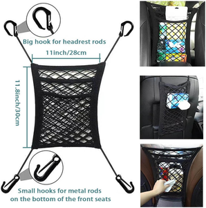 Organisateur universel de siège avant de voiture avec poches filet, sac de rangement suspendu extensible, support de sac à main, barrière pour siège arrière, pour chiens et enfants, en polyester - Product Image 1