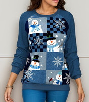Pulls en gros d'usine pour femmes, col rond ample, imprimé renne de Noël, élégants, à manches longues, motif bonhomme de neige