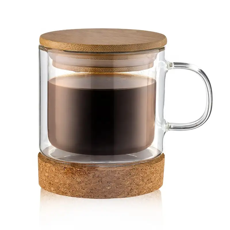 Espresso Tea Cup Set Cork Bottom Bamboo Lid Custom Reusable Insulated Double Wall Borosilicate Glass Coffee Mug With Handle