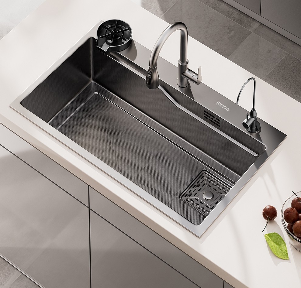 Modern Brushed Stainless Steel Brass Smart Digital Display Single-bowl Gray Dishwasher Waterfall Faucet Multi-functional Kitchen