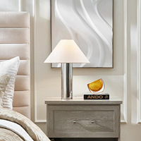 Lampe de table LED moderne en acier inoxydable avec base nickel poli et abat-jour en tissu, lumière d'ambiance pour salon, chambre à coucher, lampe de chevet