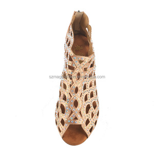 Bottes de danse scintillantes pour femmes personnalisées 7.5CM Champagne Satin découpé chaussures de danse <span class=keywords><strong>Salsa</strong></span> avec fermeture éclair - Product Image 2