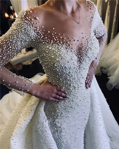 FA191 Luxury Full <strong>Pearl</strong> Beaded Mermaid Wedding <strong>Dresses</strong> <strong>With</strong> Detachable Train Vintage Long Sleeves Saudi Arabic Plus Size Bridal - Product Image 6