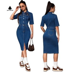 Custom Design Women's Casual Button up Midi <strong>Dress</strong> Simple Turn-Down Collar Bodycon Short Sleeve <strong>Denim</strong> Washed <strong>Dress</strong> - Product Image 1