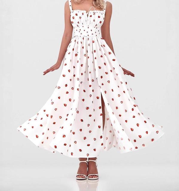 Women's Retro Fruit Print Spaghetti Strap Maxi Dress - Lace-Up Bustier Waist Flowy Dress for Summer Casual & Dating