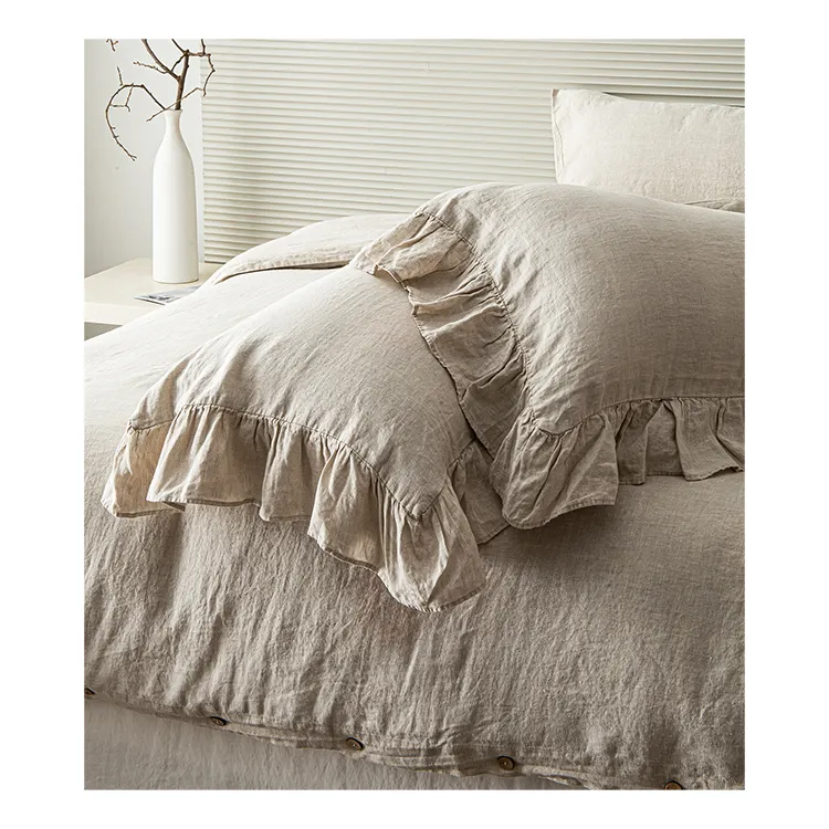 LZ manufacturer low price chinese custom ruffle pillow case pure french flax home use 100% linen ruffled pillow cover