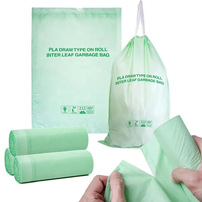 फैक्टरी अनुकूलन मजबूत कॉर्नस्टार्च पीएलए कम्पोस्टेबल बिन बैग ड्रॉस्ट्रिंग के साथ घरेलू कचरा कचरा बैग
