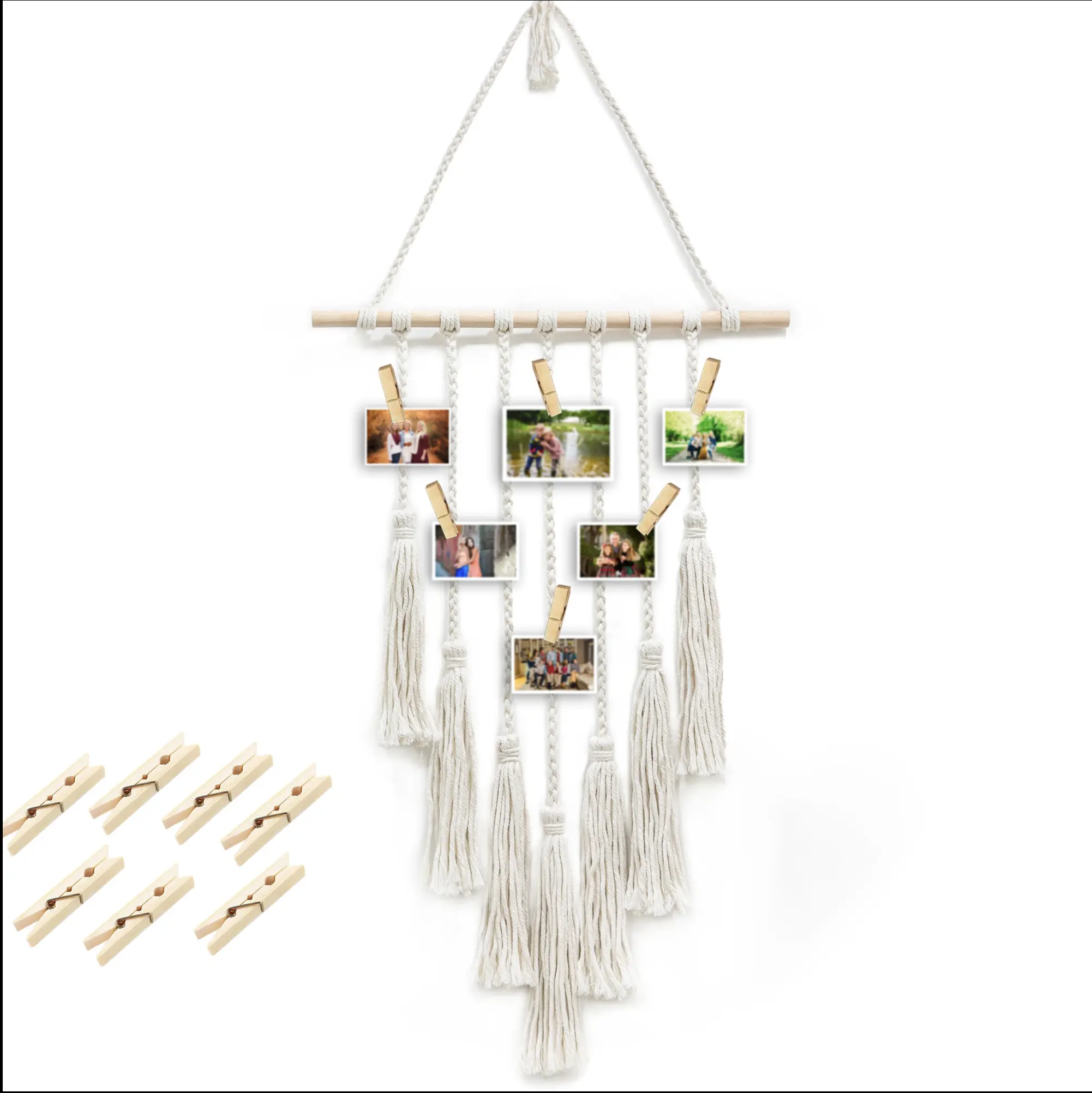 Macrame Hanging Photo Display with Wood Bead, Macrame Wall Hanging Picture Organizer Boho Home Decor for Home Bedroom Decor