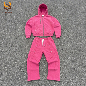 Ensembles de survêtements personnalisés pour hommes, style jogging, épais, avec rivets et patchwork, comprenant un sweat à capuche zippé effet usé et un pantalon de survêtement - Product Image 3