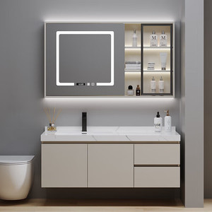 Mueble de baño moderno y sencillo de madera maciza con lavabo de cerámica de pizarra sin juntas, mueble de baño inteligente, lavabo. - Product Image 1
