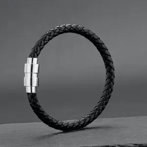New Leather Rope Bracelet Stainless Steel Magnetic Double Wheel Shape Buckle Leather Weaving Bracelet Men's Jewelry