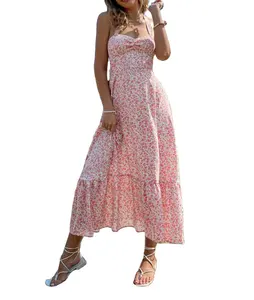 Custom Brand Sun flower Floral Print Shirred Ruched Bust Tie Backless Women Maxi Dress