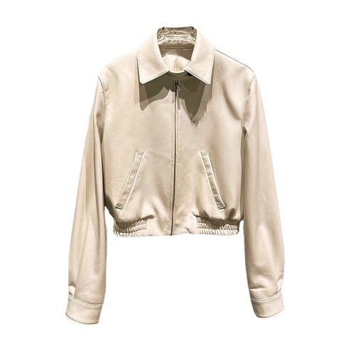 3165 High Quality Preppy Look Genuine Leather Coat Fashion Long Sleeves Lapel Solid Color Short Leather Jacket for Women