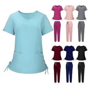 V Neck Medical Scrubs TR Soft <b>Tie</b>-waist design with Pockets pants for Hospital Staff Hairdressing use Style Scrubs Uniforms - Product Image 1