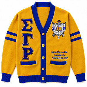 Sigma Gamma Rho Women's Winter Acrylic Knitted Custom Chenille Embroidered Varsity <b>Cardigan</b> Blue Yellow Letters Crest Classic - Product Image 1