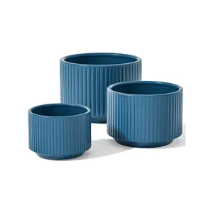 outdoor Large Big Blue garden Round Cylinder ceramic Planter Plant Flower Pots with Drainage Hole