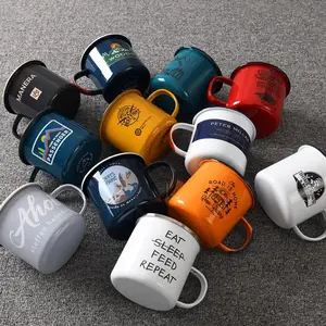 Hersteller Großhandel Günstige Vintage Tee tasse Benutzer definiertes Logo Gedrucktes Design Reise Metall Sublimation Emaille Kaffeetasse für Camping
