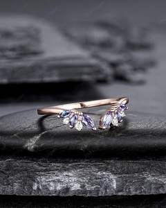 Anillo de boda de racimo de Alejandrita Marquesa de Plata de Ley 925, banda de compromiso chapada en oro rosa de 14 quilates, anillo de banda a juego Curvo - Product Image 3