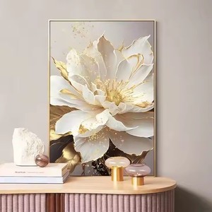Pintura al óleo abstracta moderna de flor de loto blanco con arte de lienzo con estampado de hoja dorada para decoración del hogar de sala de estar de lujo - Product Image 3