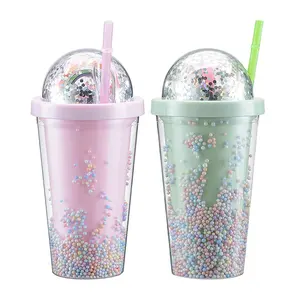 16oz đôi tường cầu vồng Bong Bóng dẫn ánh sáng nhấp nháy tái sử dụng nhựa Tumblers có nắp đậy và ống hút bán buôn