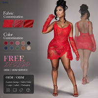Robe de soirée mini moulante décontractée pour femme, personnalisée, en Spandex, Polyester, dentelle et maille transparente, style corset, rouge, col en V, bretelles spaghetti, sans manches