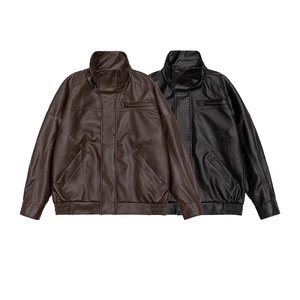 Veste en cuir à col montant, veste en cuir décontractée à revers, coupe-vent en cuir imperméable, <span class=keywords><strong>grande</strong></span> poche zippée, veste de moto pour hommes - Product Image 2