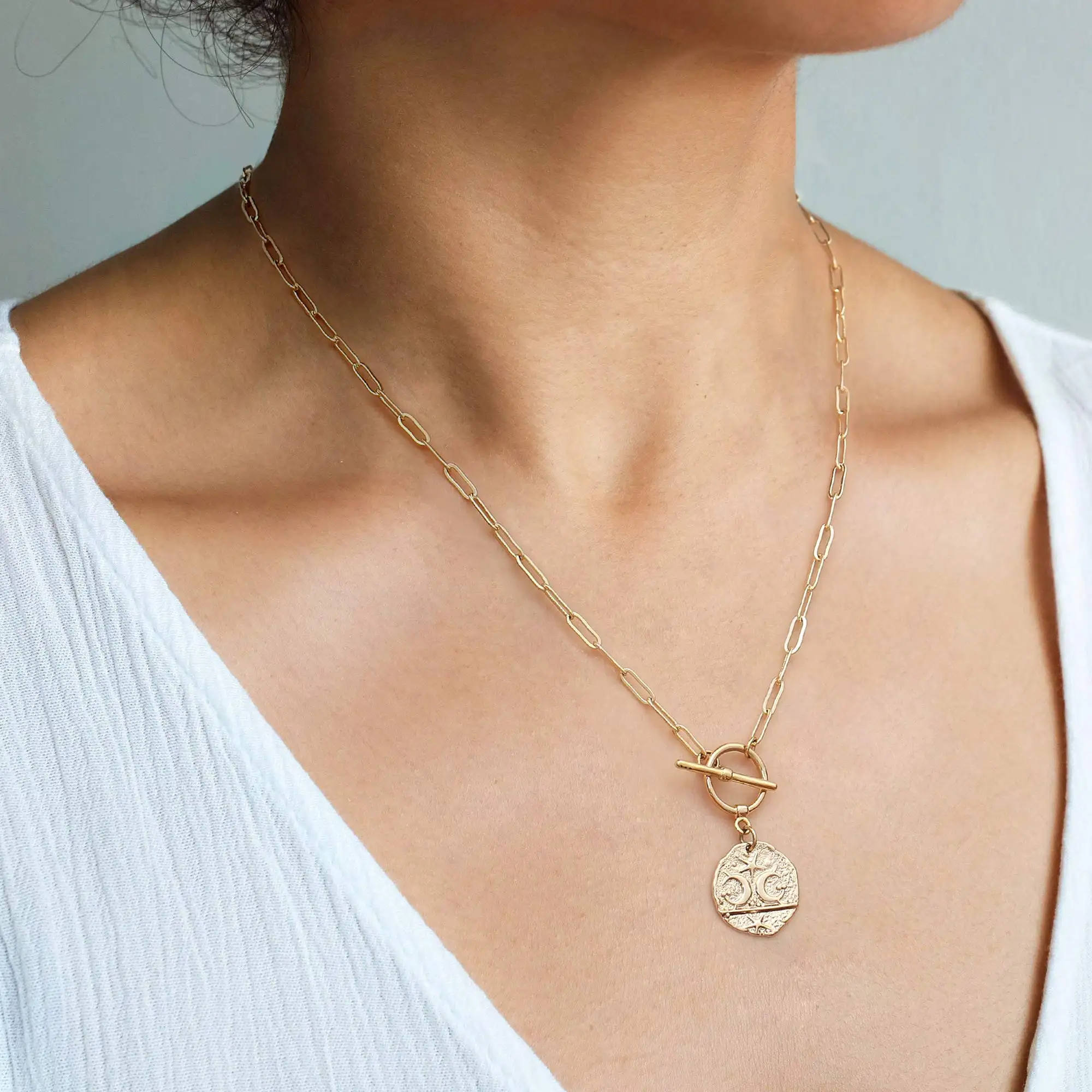18K Emas Bulan Bintang Singa Liontin Kalung Medali Klip Kertas Rantai Choker Layering Perhiasan untuk Wanita Anak Perempuan