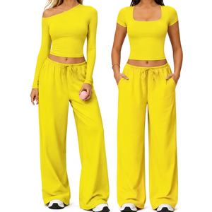 <b>Red</b> 2 Piece Yoga Set Asymmetric Off Shoulder <b>Crop</b> <b>Top</b> High Waist Wide Leg Pants With Pockets Breathable Spandex Cotton Material - Product Image 4