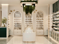 Meubles de magasin de beauté modernes, comptoir de présentation de maquillage sur mesure et vitrine murale pour cosmétiques