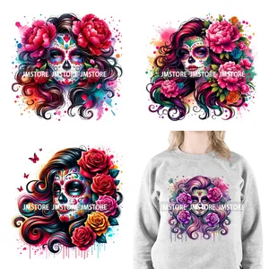 La <span class=keywords><strong>Catrina</strong></span> สติกเกอร์ลายดอกสำหรับผู้หญิงเม็กซิกัน, สติ๊กเกอร์รีดติดเสื้อฮู้ดสำหรับวันฮาโลวีน - Product Image 1