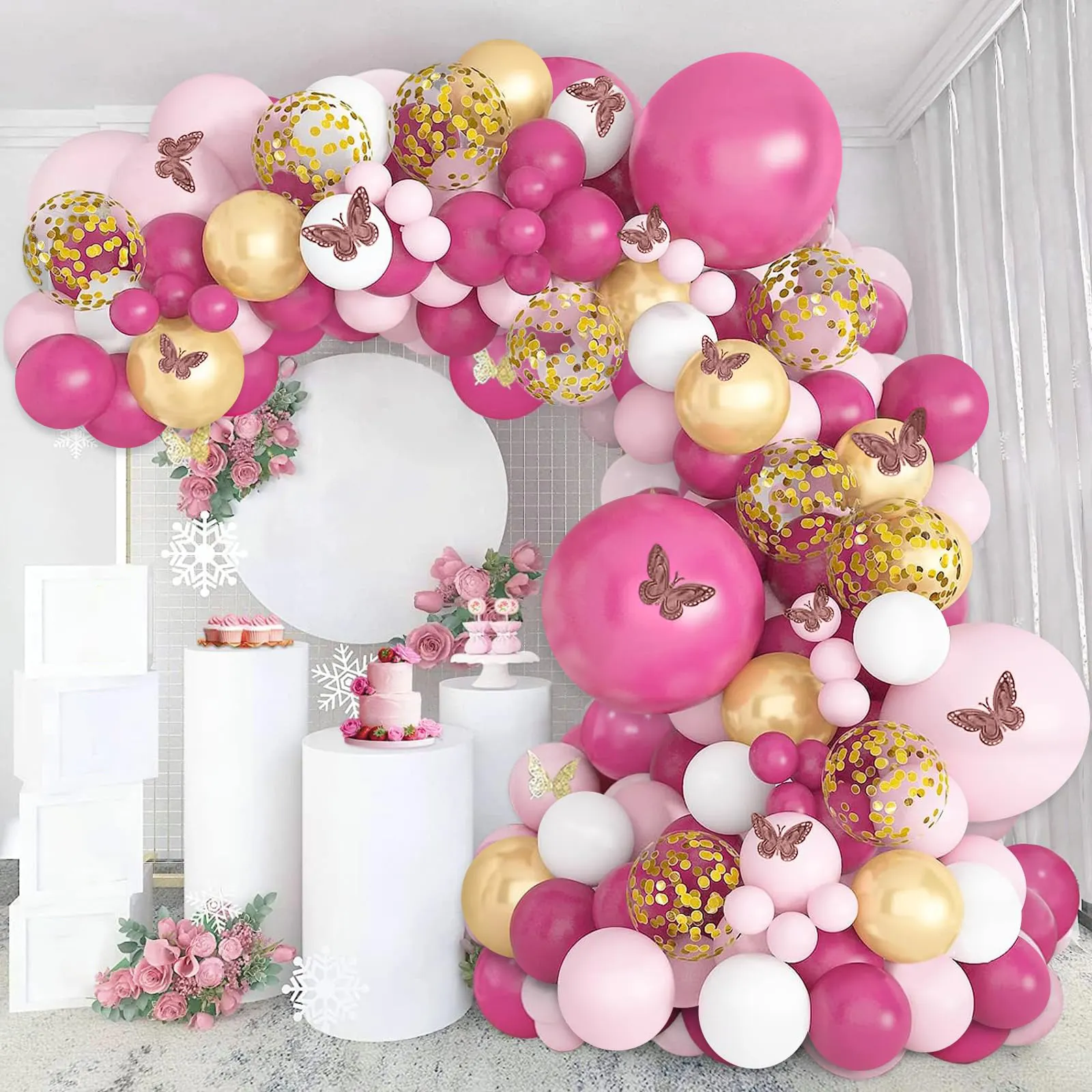Kit de arco de guirlanda de balão rosa e balões de confete dourado para decoração de festa de casamento, tema de princesa e aniversário, 111 unidades