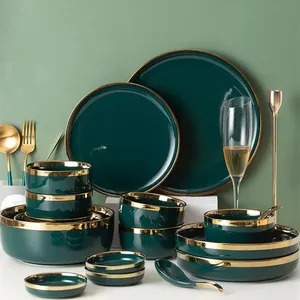 Hot Sale Catering Dunkelgrün Gold Rand Hotel Teller Porzellan Geschirr Sets Keramik Luxus Teller Sets Geschirr