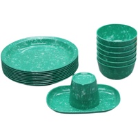 Assiettes et bols en mélamine vert émeraude vintage importés de Corée, compatibles micro-ondes, peints à la main