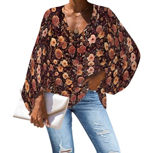 À la mode fleurs imprimé femmes 2024 à manches longues hauts habillé décontracté col en V <span class=keywords><strong>tunique</strong></span> chemises en mousseline de soie ample <span class=keywords><strong>travail</strong></span> Blouse pour les femmes - Product Image 3