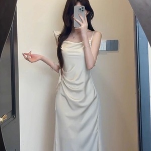 French Style <b>Satin</b> <b>Halter</b> Neck Dress Natural Waist Asymmetric Midi Evening Dress Solid Color Comfortable Fit - Product Image 4
