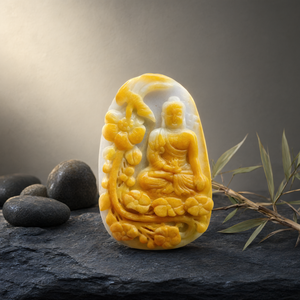 Buda tallado en jade birmano amarillo y blanco: un símbolo sagrado de serenidad, protección y arte atemporal - Product Image 3